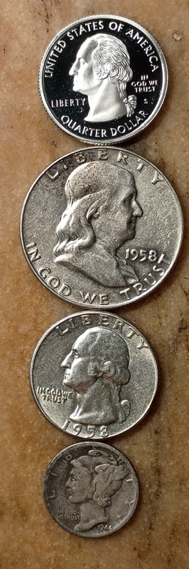 90% Silver 1999 Delaware Silver Proof  1958 P Quarter 1944D Merc 1956 D Franklin