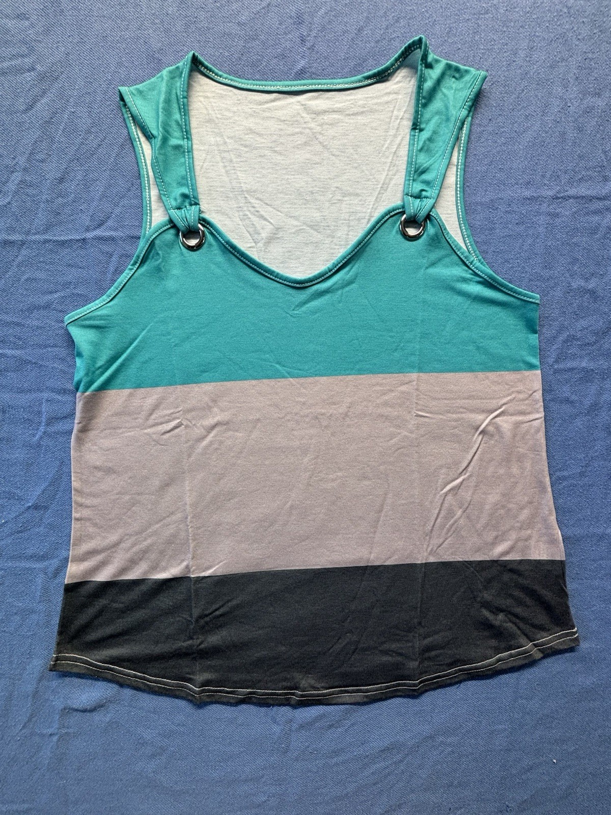 Womens Colorblock Tank Top XL Teal Gray Black Sleeveless Casual Stretch Top