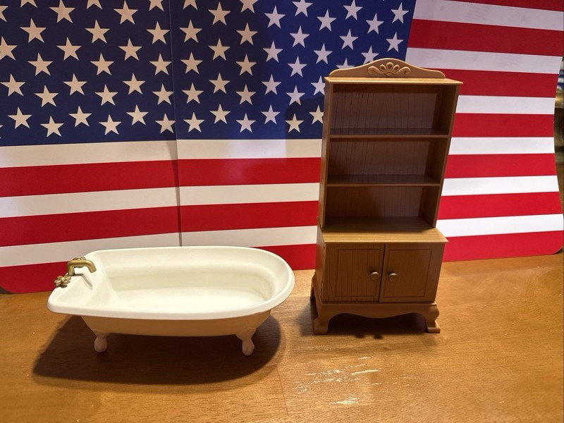 Vintage Eden Dollhouse Furniture Claw Foot Bathtub & Dining Cabinet Book Shelves