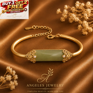 Authentic Green Jade Bangle Bracelet Dainty Gemstone Cuff 18K Gold Plated Adjustable Chain