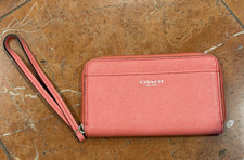 COACH TROPICAL WATERMELON PINK SAFFIANO LEATHER ZIP AROUND WRISTLET WALLET EUC