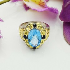 Gold Platedf 925 Sterling Silver Genuine Blue Topaz Gemstone Ring Women Jewelry