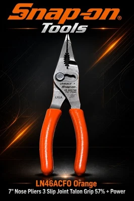 Snap On Tools 7" Long Nose Pliers 3 Slip Joint Talon Grip 57% More Power ORANGE! - Imagen 1 de 4