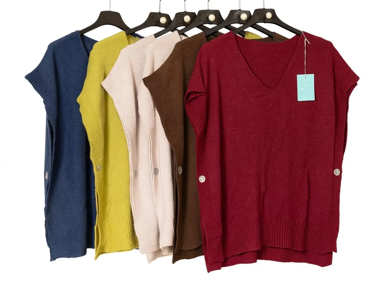 Ladies Lagenlook V Neck Sleeveless Knit Poncho Sweater Side Button UK