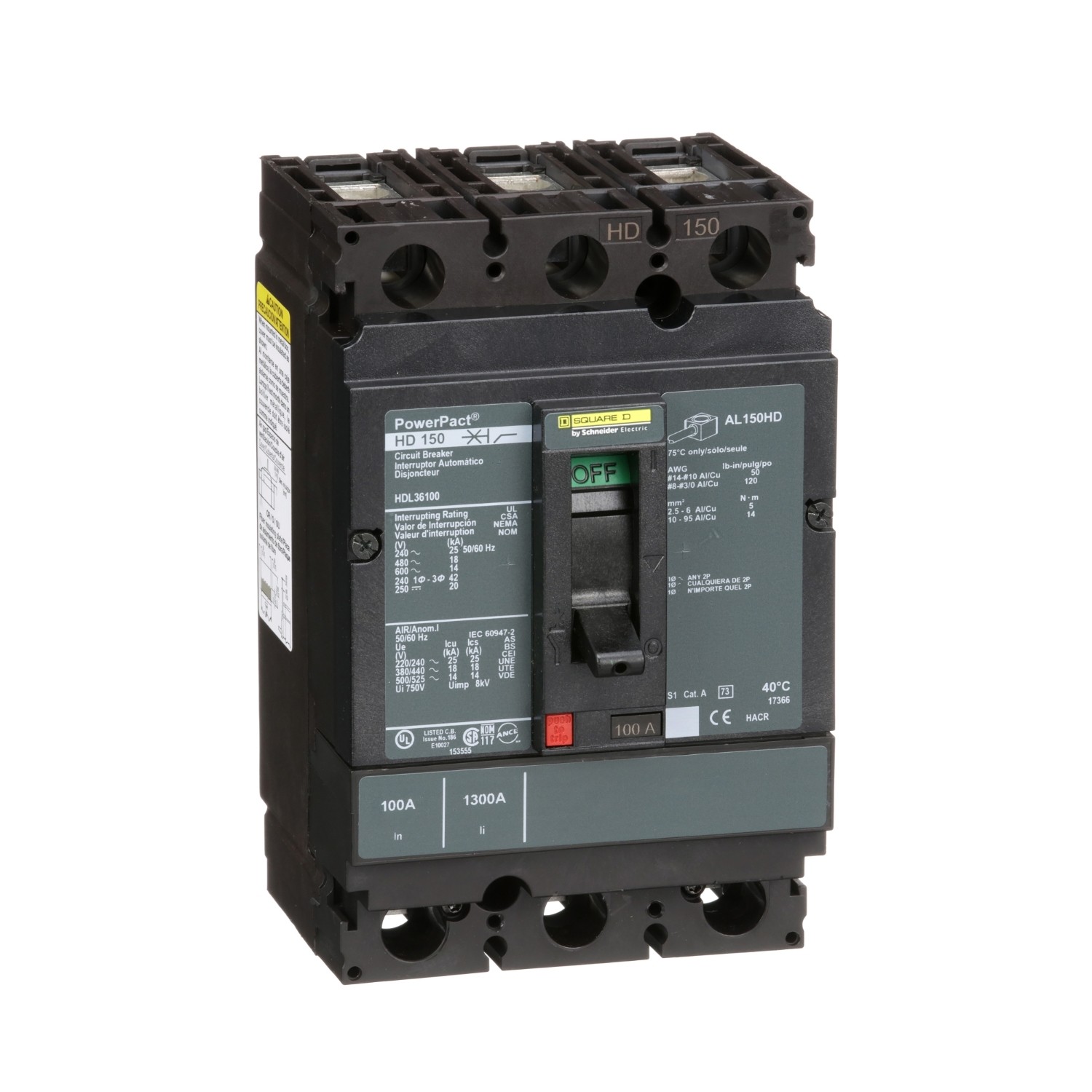 Square D HDL36100 - MCCB 100A 3P 14KA, Circuit Breaker