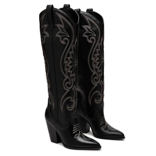 Women Western Knee High Boots Embroidered Chunky Block Heel Cowboy Boots - Picture 3 of 7