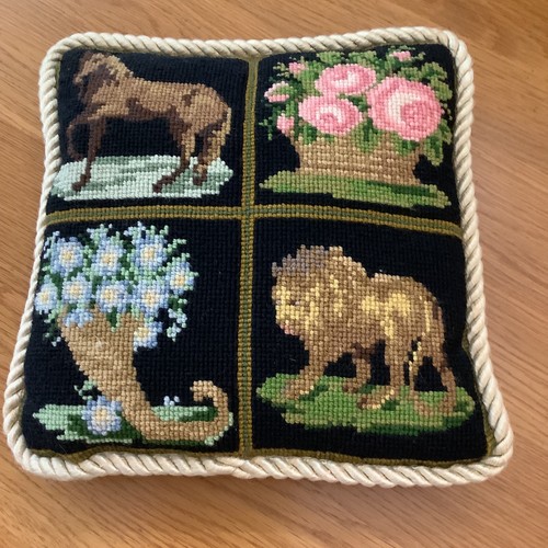 Needlepoint throw pillow handmade horse lion flowers black velvet back