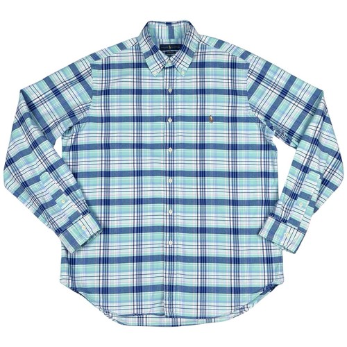 Polo Ralph Lauren Shirt Mens Large Flesh Pony Blue Teal Plaid Oxford Button Down - Picture 14 of 15