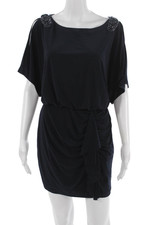Xscape Women Blouson Mini Dress Dark Blue Round Neck Button Polyester Size 6