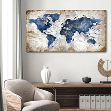 World Map Canvas Wall Art Abstract Navy World Maps for Wall Vintage Modern Wa...