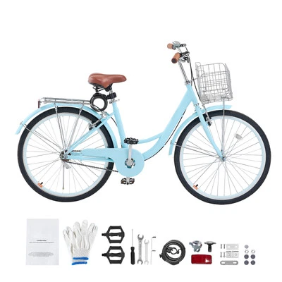 26 Inch Beach Cruiser Bike 1-Speed City Bicycle with Basket for Women,Light Blue