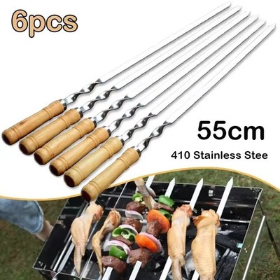 6pcs 55cm Stainless Steel BBQ Skewers with Wooden Handle for Outdoor Cooking
