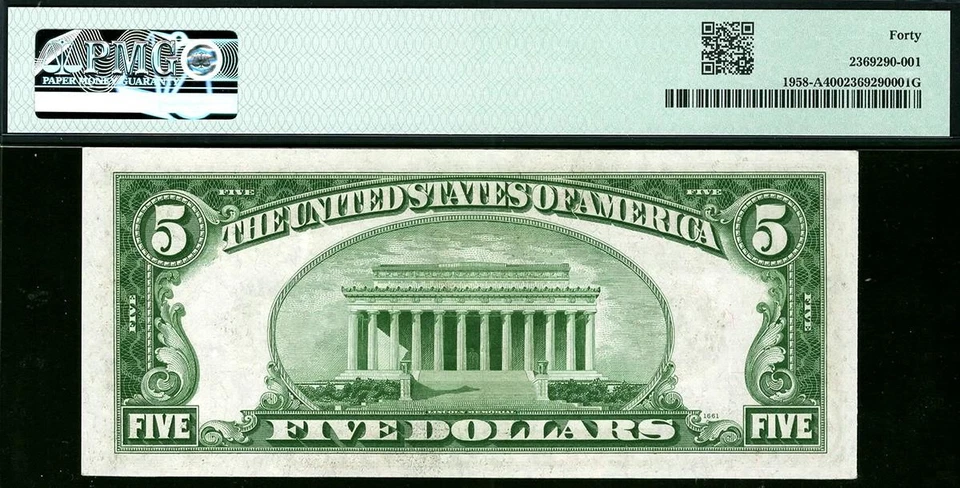 1934B $5 Boston Federal Reserve Note FRN • 1958-A • PMG 40 *Rare - Image 2 of 2