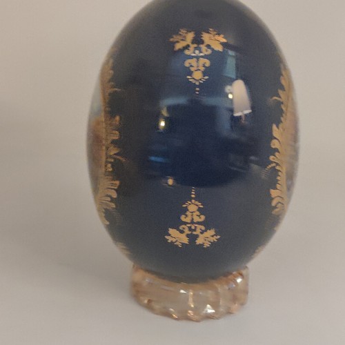 MINT Limoges Large Blue & Gold 7" Egg With Marigold Carnival Glass Stand #180S - Picture 4 of 8
