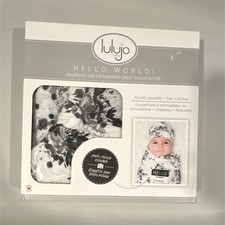 Lulujo 3 Piece Black White Floral Muslin Swaddle Set Newborn Blanket Hat Sticker