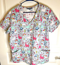 Llama Love Animal Unicorn Rainbow Scrub Top Large Grey Medical Smock Vet Tech