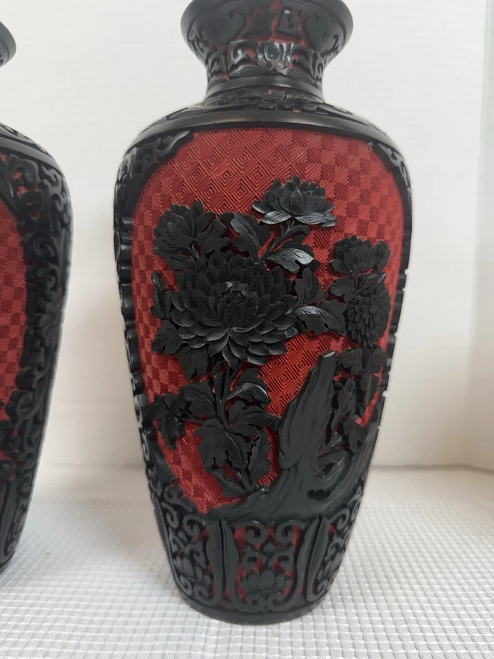 "Par de jarrones chinos de laca de cinabrio de colección interior azul floral figurativo 10"" B2" Foto 2 de 4