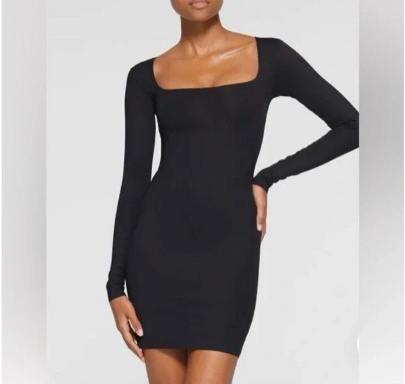 NWT SKIMS Body Long Sleeve Mini Slip Dress -Built in Bodysuit - Onyx - Large