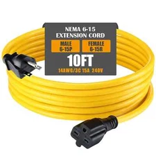 10ft NEMA 6-15 Extension Cord 6-15P Male to 6-15R Female 15 AMP Power Cable