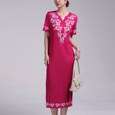 Women Folded Printed V-Neck Commuting Dress Summer Simple Loose Pleated Dress
