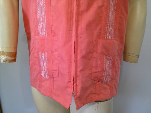 Vtg 70's Haband Genuine Guayabera Cuban Style Salmon Embroidered Shirt Zip Up M - Picture 3 of 6