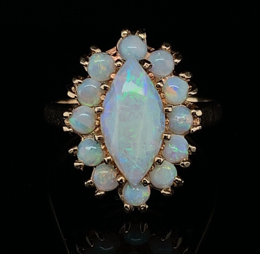 14k Yellow Gold Marquise Genuine Natural Opal Ring with Opal Halo