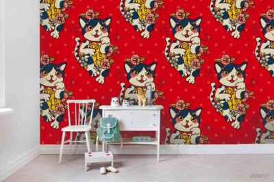 3D Lucky Cat Flower Cartoon Pattern Wallpaper Wall Murals Removable Wallpaper