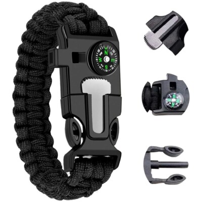 Paracord Survival Armband Outdoor schwarz Feuerstein Kompass Notfallausrüstung
