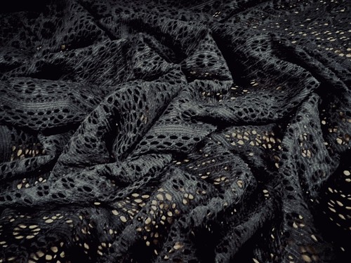 Stretch Spandex Crochet Lace Dress Fabric, Per Metre - Floral Stripe - Black - Picture 2 of 3