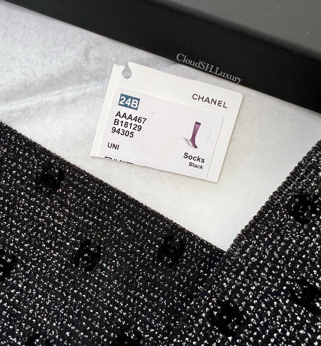Auth Chanel 24B Classic CC Logo Knee High Shiny Mesh Black Socks