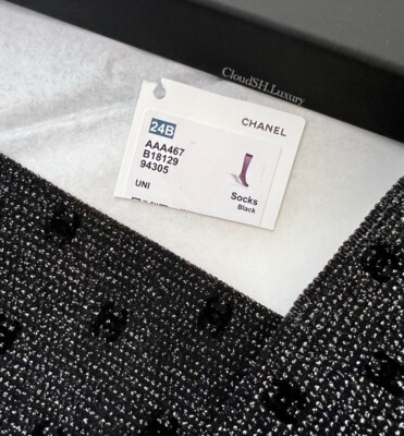 Auth Chanel 24B Classic CC Logo Knee High Shiny Mesh Black Socks