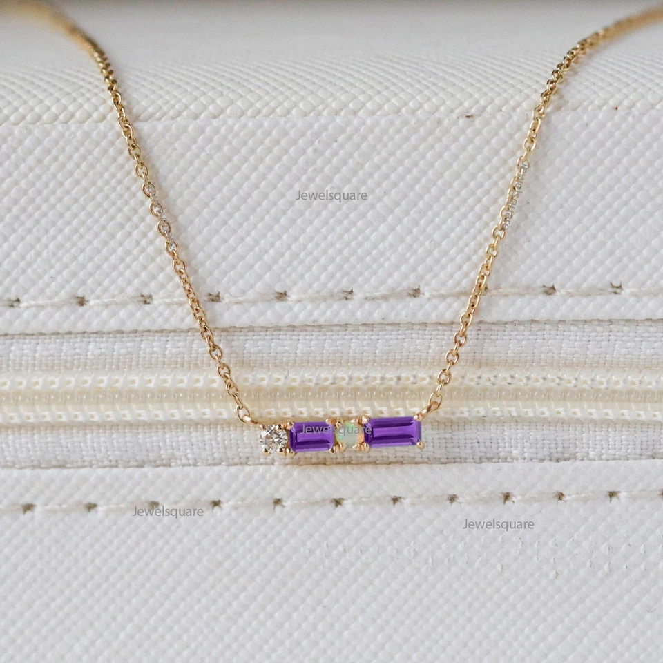 Gargantilla 4x2mm Natural Baguette Amatista, Ópalo Etíope Collar en Capas Oro 14k Foto 3 de 4
