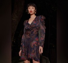 NWT Farm Rio Sequin Toucan Mini Wrap Dress Beaded Belt Puff Sleeve Size M $235