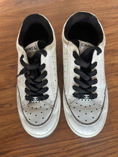 CHANEL Grained Calfskin Fabric Womens Logo Sneakers 37 White Black