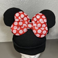 Disney Girls Black Minnie Mouse Ears Bow Knit Beanie Cap Hat Glitter Red Bow