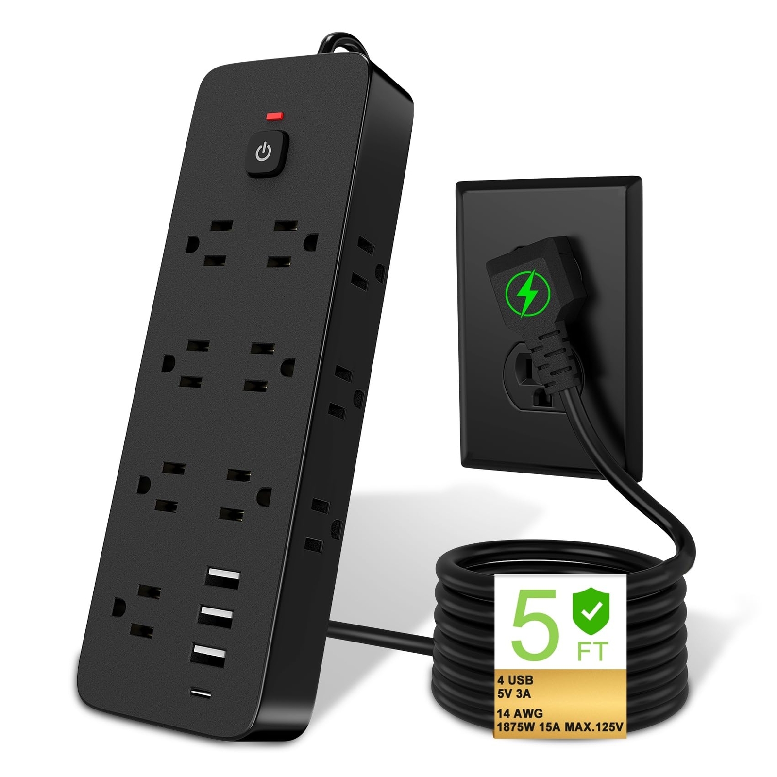 Surge Protector Power Strip 14 AC Outlets with 3 USB Ports and 1 USB C 5FT Fl...-image