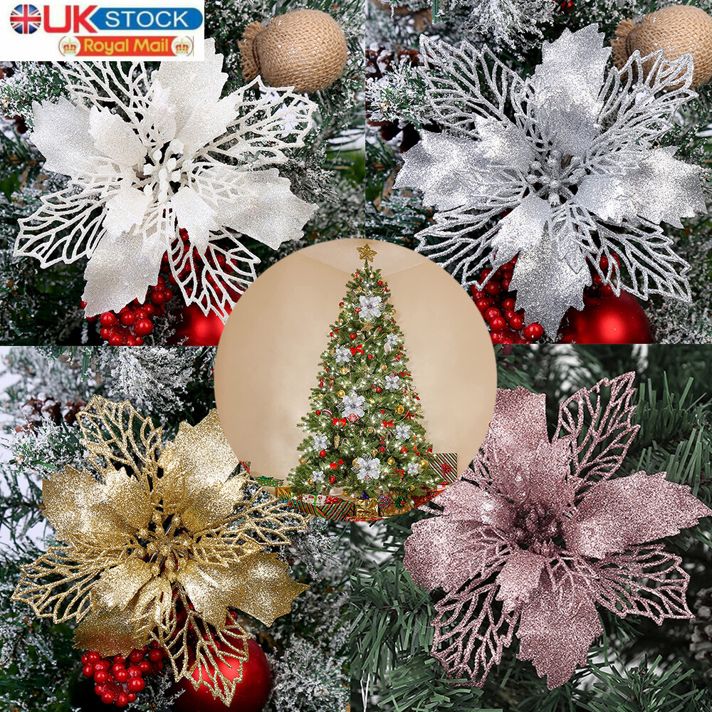 10X Large Poinsettia Glitter Flower Christmas Tree Hanging Party Xmas