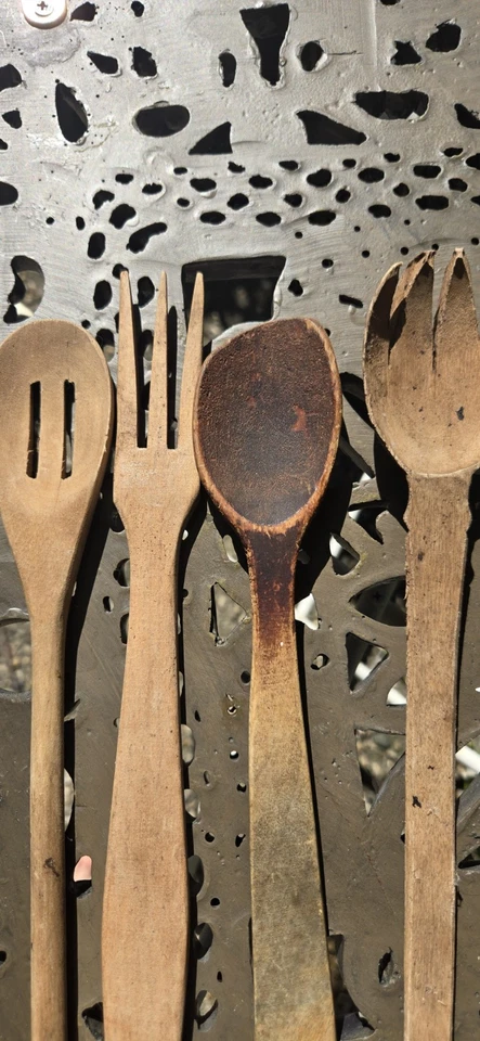 Lote De Colección De 4 Cucharas De Madera Primitivas TEMPRANOS Talladas A Mano, Country, Americana Foto 4 de 4