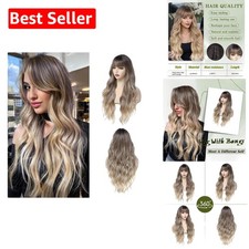 Soft Ombre Blonde Long Wavy Wig with Bangs - Heat Resistant  Easy to Wear