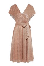NWT $405 Alice + Olivia Darva Faux Wrap Midi Dress 6 | Rose Gold Lamé Metallic