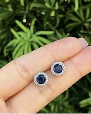 4.00 Ct Round Lab Created Blue Sapphire Halo Stud Earrings 14K White Gold Plated
