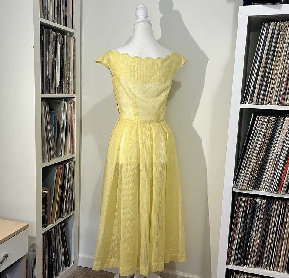 VTG 50’s Handmade Sheer Pale Yellow Mesh Polka Dot Dayglo Midi Tea Swing Dress 4 - Image 2 of 4