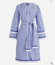 J. Crew Belted Cotton Poplin Tunic Dress 12 Blue White Striped Tassel Trim GUC