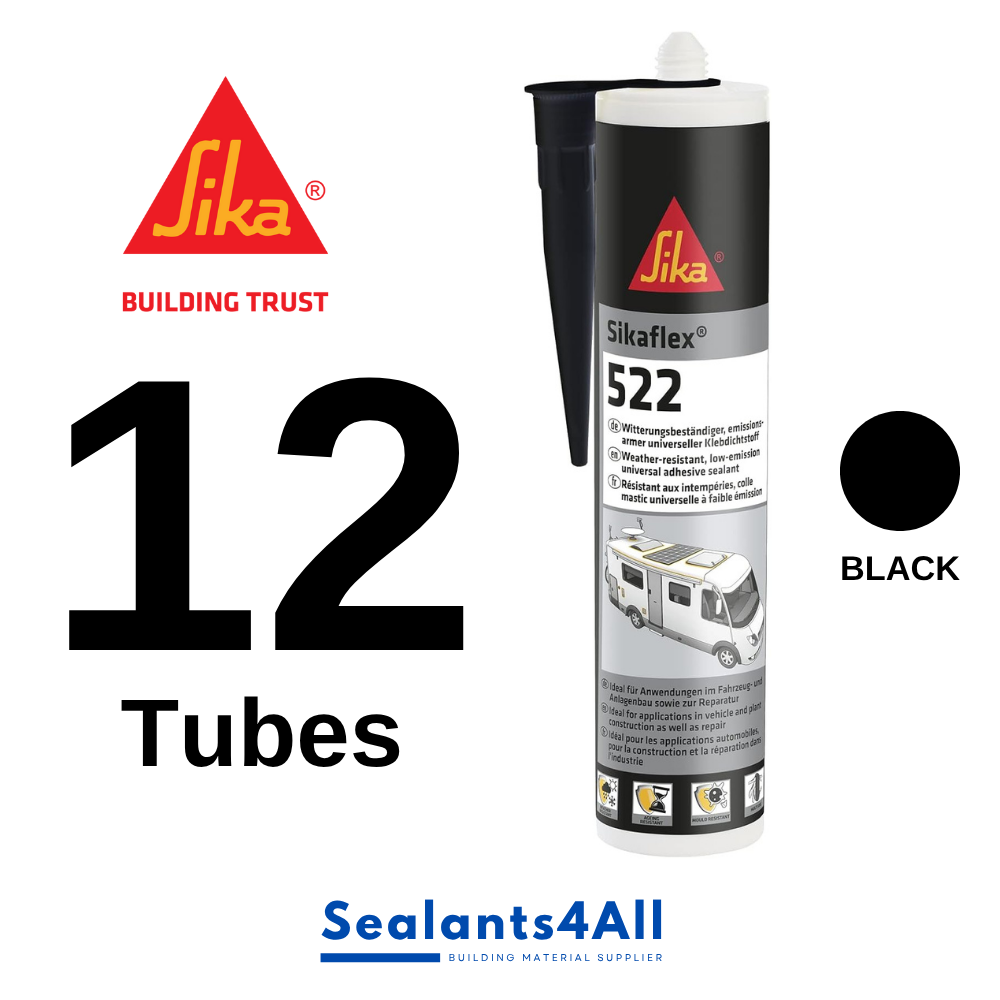 12 x Sikaflex 522 Adhesive Sealant, BLACK, 10/26 Expiry, Brand New