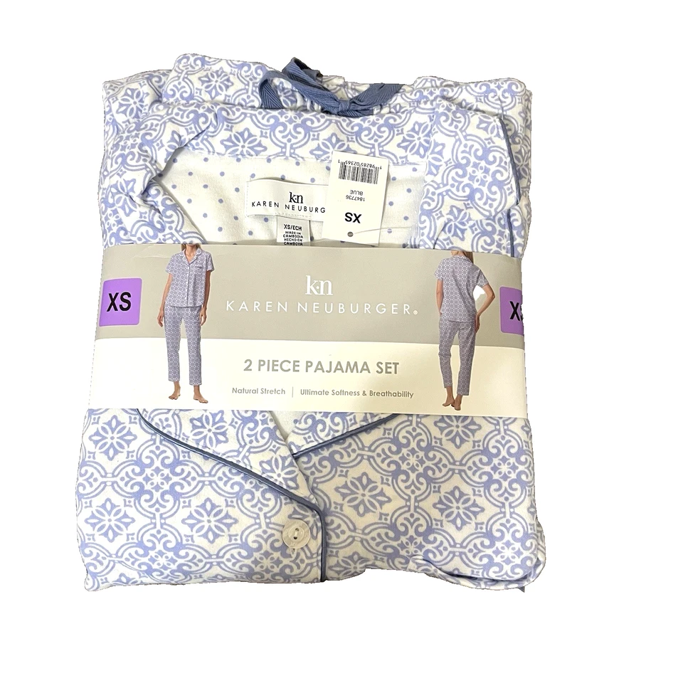 Juego de pijama Karen Neuburger para mujer 2 piezas, nuevo con etiquetas, azul, geométrico, XS, capri, salón Foto 3 de 4