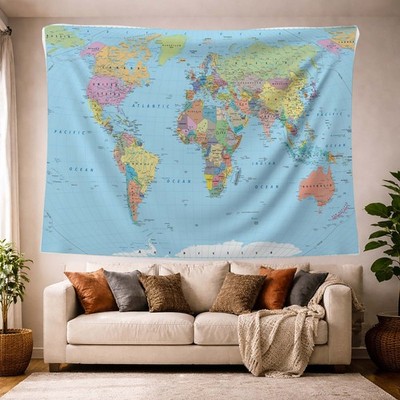 World Map Tapestry, Geography Decor, Office Decor, Education Map