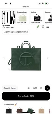 Telfar Large Dark Olive Shopping Bag **NEW WITH TAGS**