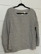 C&C California Shirt Womens Large Gray White Striped 100% Linen Long Sleeve