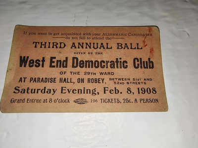 1908 West End Democratic Club Ball Card Chicago 29th Ward Ephemera