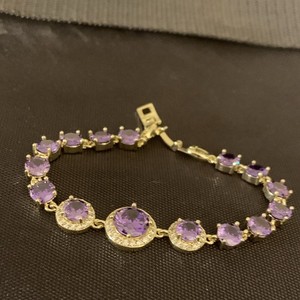 Silver Tone Tennis Bracelet Purple Round Stone Prong Set Box Closure